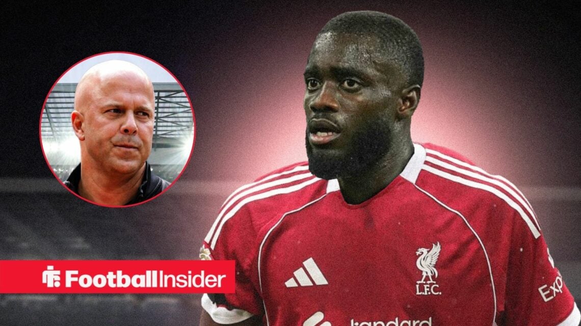 Dayot Upamecano in a Liverpool kit looking at manager Arne Slot left inset