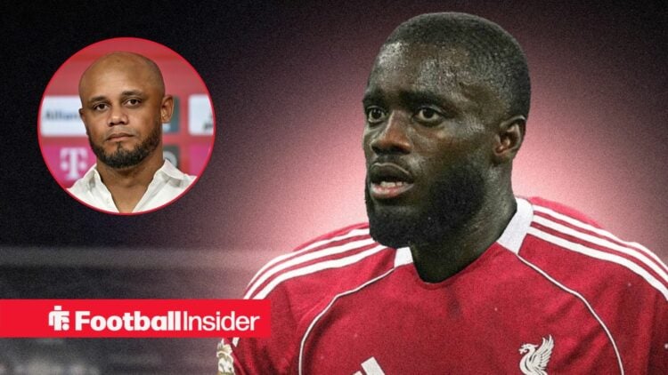 Dayot Upamecano in a Liverpool shirt, with Vincent Kompany in a circular inset