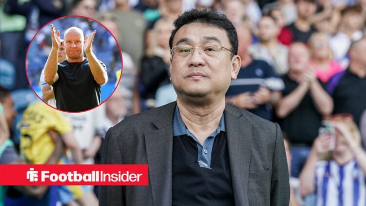 Dejphon Chansiri standing on the Hillsborough touchline, Henrik Pedersen in a circular inset