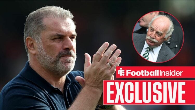 Ange Postecoglou alongside a circular inset of Celtic owner Dermot Desmond.