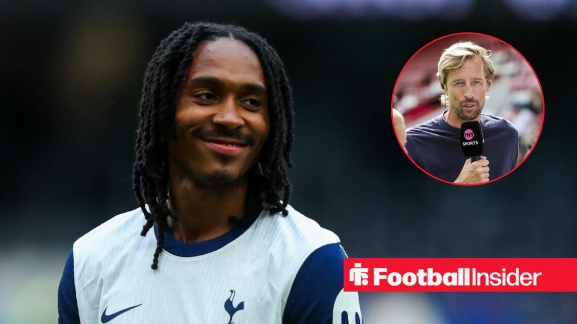 Djed Spence in a Tottenham home shirt alongside an image of Peter Crouch with a microphone in a circular frame