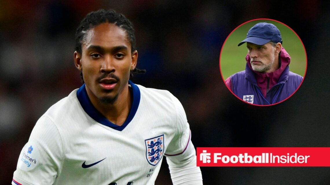 Djed Spence in action for England, with Thomas Tuchel in a circular inset