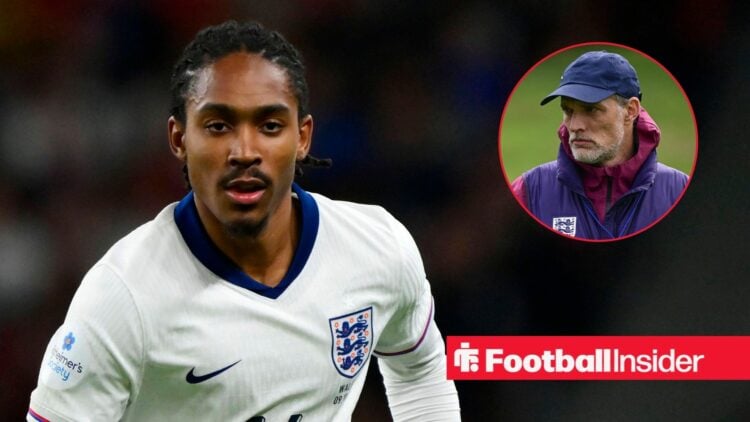 Djed Spence in action for England, with Thomas Tuchel in a circular inset
