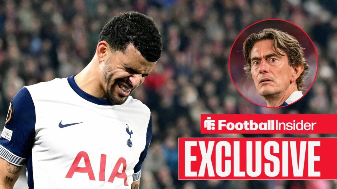Dominic Solanke grimacing on the left with Thomas Frank shocked on the right