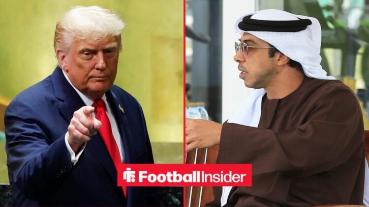 Donald Trump pointing alongside Sheikh Mansour looking concerned