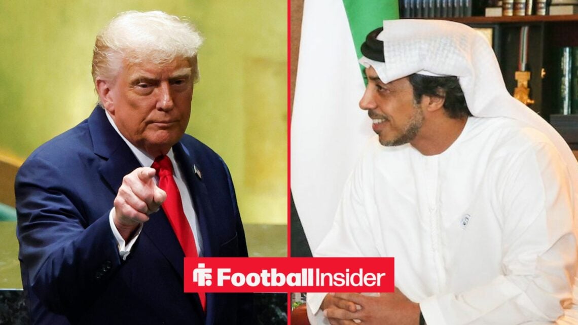 Donald Trump pointing alongside Sheikh Mansour smiling