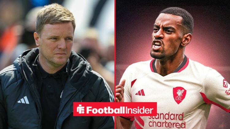 Eddie Howe looking upset alongside Alexander Isak in a Liverpool shirt