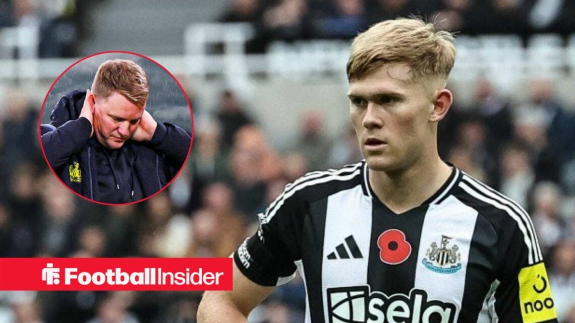 Newcastle's Eddie Howe looking annoyed left inset with player Lewis Hall main image in action