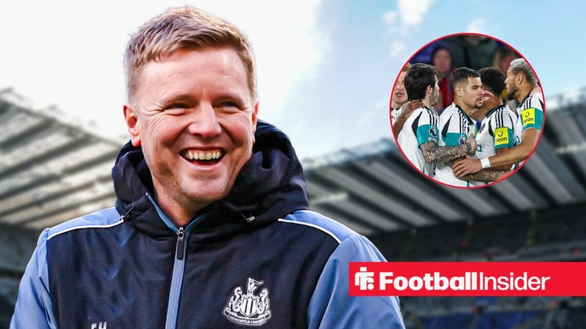 Eddie Howe smiling at St James' Park, with Newcastle stars in a circular inset