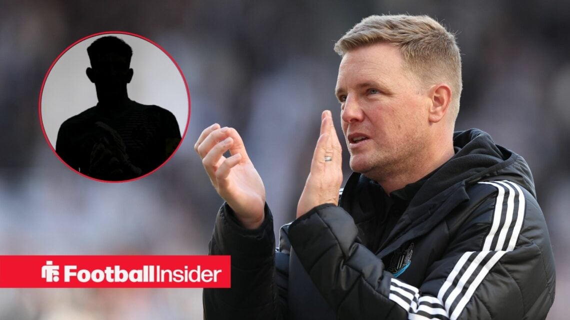 Eddie Howe clapping, Nick Pope's silhouette in a circular inset
