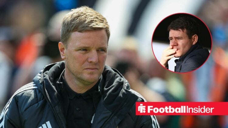 Eddie Howe on the sidelines at Newcastle, with Ross Wilson in a circular inset