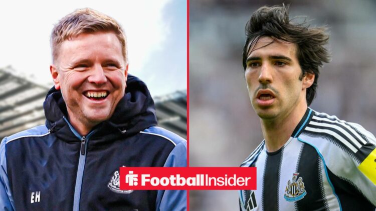 Eddie Howe smiling at St James' Park, with Sandro Tonali in action for Newcastle