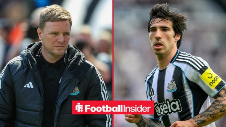 Eddie Howe looking concerned alongside Sandro Tonali in a Newcastle United shirt