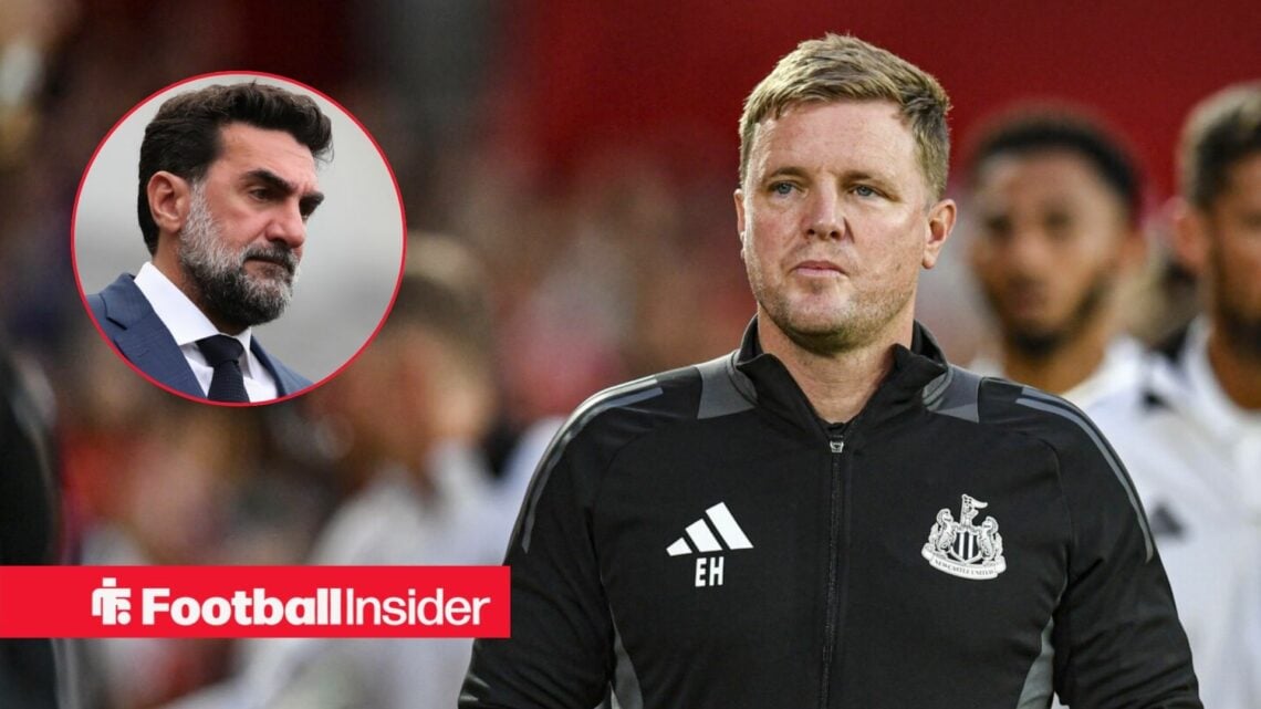 Eddie Howe on the touchline at Newcastle, with Yasir Al Rumayyan in a circular inset