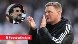 Eddie Howe clapping with Yasir Al-Rumayyan included in a circular inset