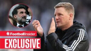 Eddie Howe clapping with Yasir Al-Rumayyan included in a circular inset