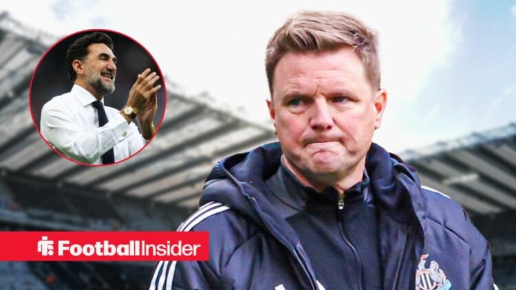 Eddie Howe on the touchline at St James' Park, with Yassir Al Rumayyan in a circular inset