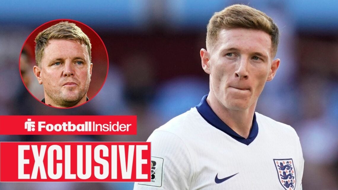 Eddie Howe looking sad on the left with Elliot Anderson looking focused on the right