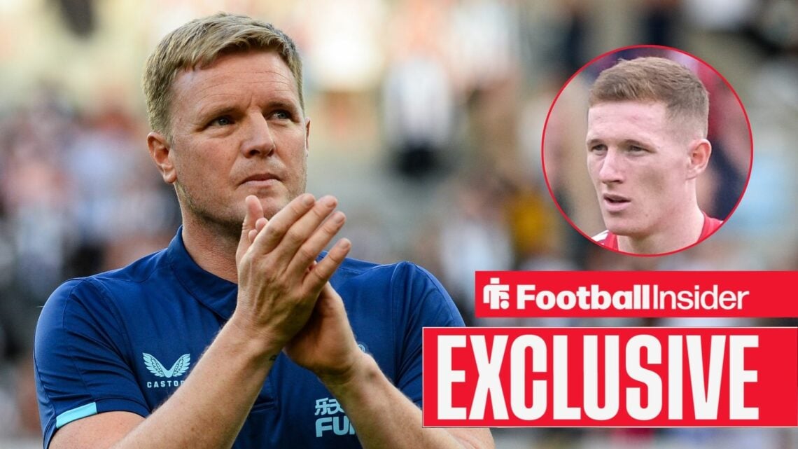 Eddie Howe clapping his hands on the left with Elliot Anderson looking focused on the right