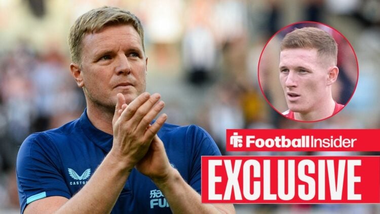 Eddie Howe clapping his hands on the left with Elliot Anderson looking focused on the right