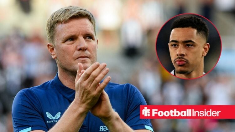 Eddie Howe clapping on the left looking serious with a stern Jacob Ramsey on the right