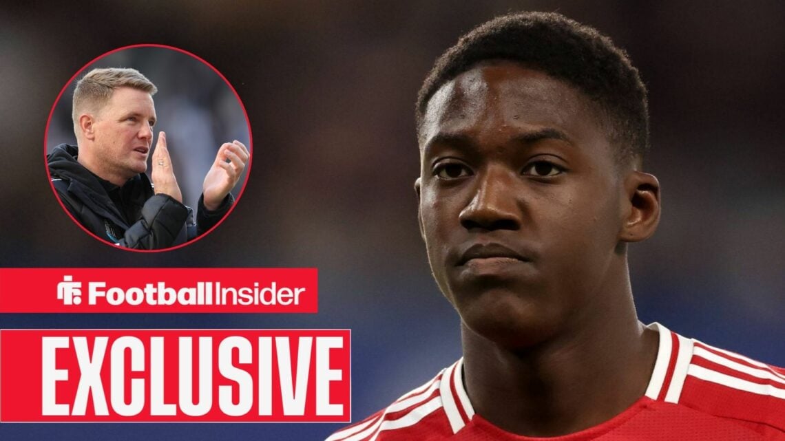 Eddie Howe clapping on the left with Kobbie Mainoo concerned on the right