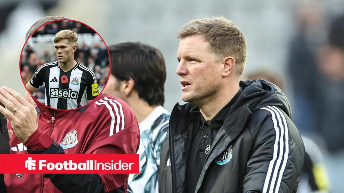 Eddie Howe walking and Lewis Hall in inset