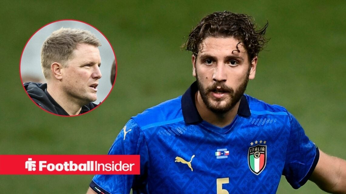 Eddie Howe on the left looking serious with a focused Manuel Locatelli on the right