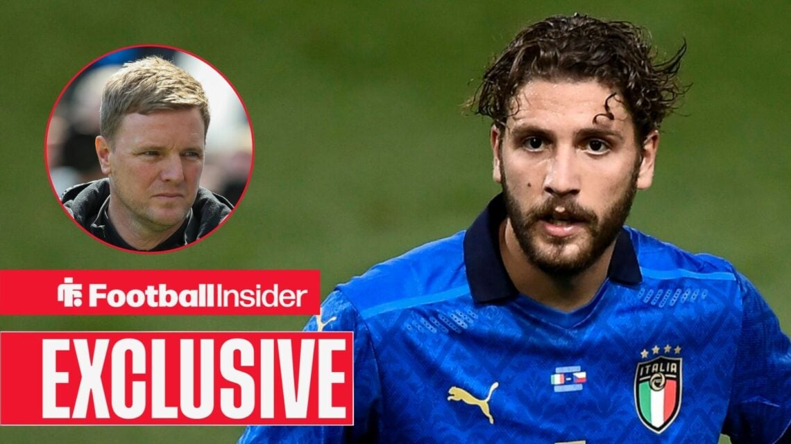 Eddie Howe looking stern on the left above an EXCLUSIVE banner with Manuel Locatelli on the right looking focused