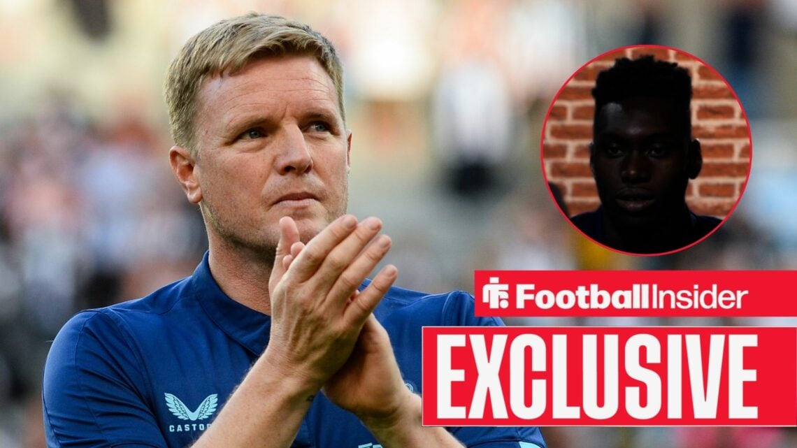 Eddie Howe clapping on the left for Newcastle with Samu Aghehowa faded out on the right