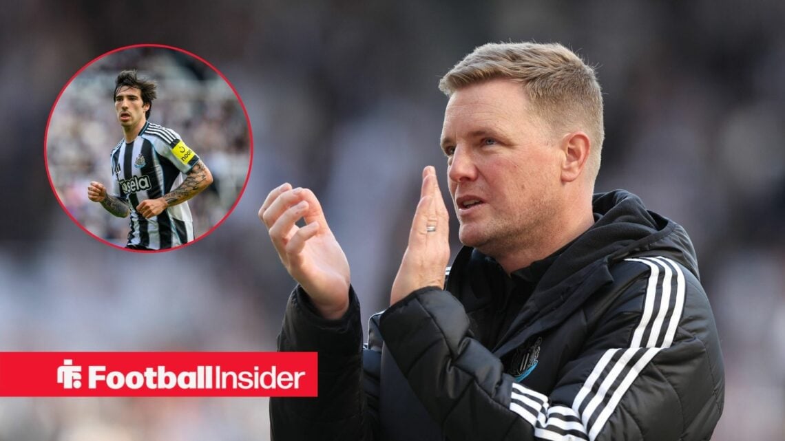 Eddie Howe clapping his hands and Sandro Tonali in inset