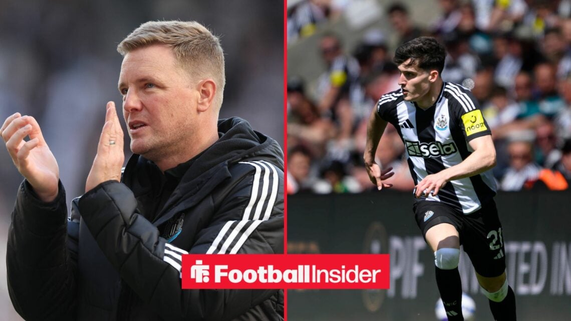 Eddie Howe clapping next to Tino Livramento running