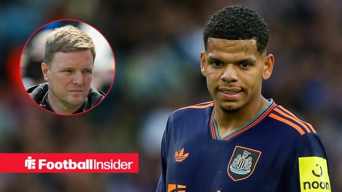 Eddie Howe looking serious on the left with a concerned William Osula on the right