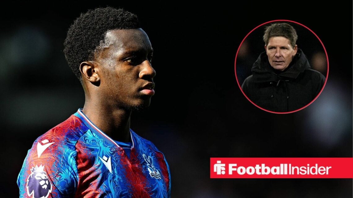 Eddie Nketiah playing for Crystal Palace, Oliver Glasner in a circular inset