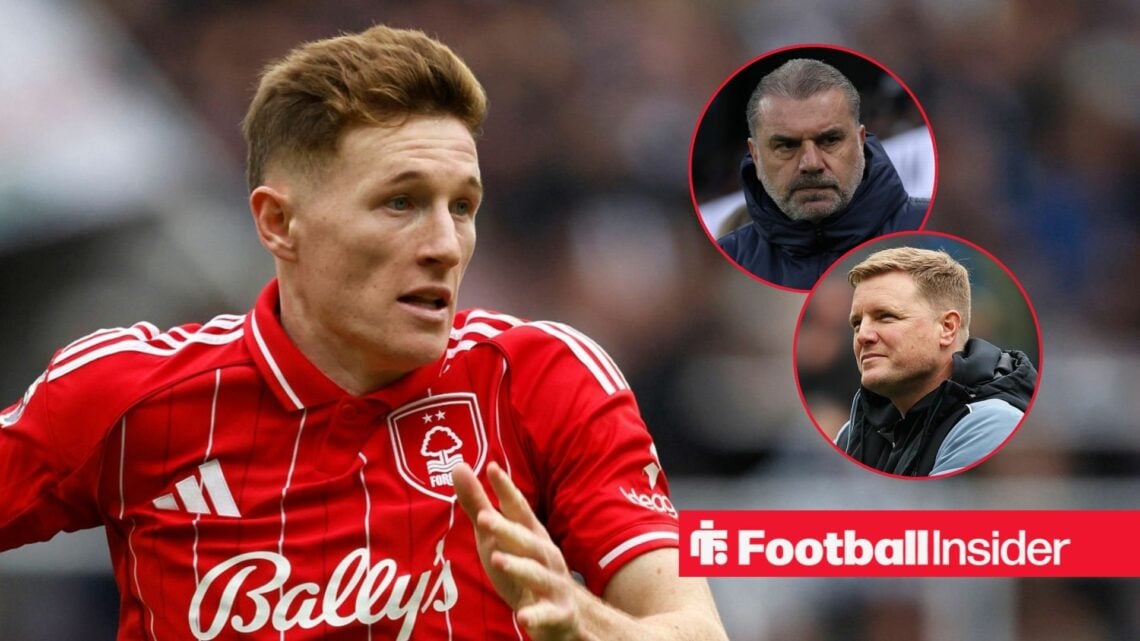 Elliot Anderson playing for Nottingham Forest, Ange Postecoglou and Eddie Howe in circular insets