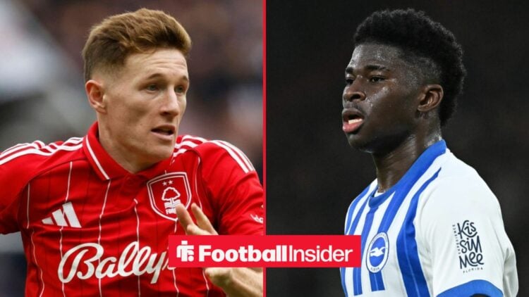 Elliot Anderson in action for Nottingham Forest, and Carlos Baleba playing for Brighton