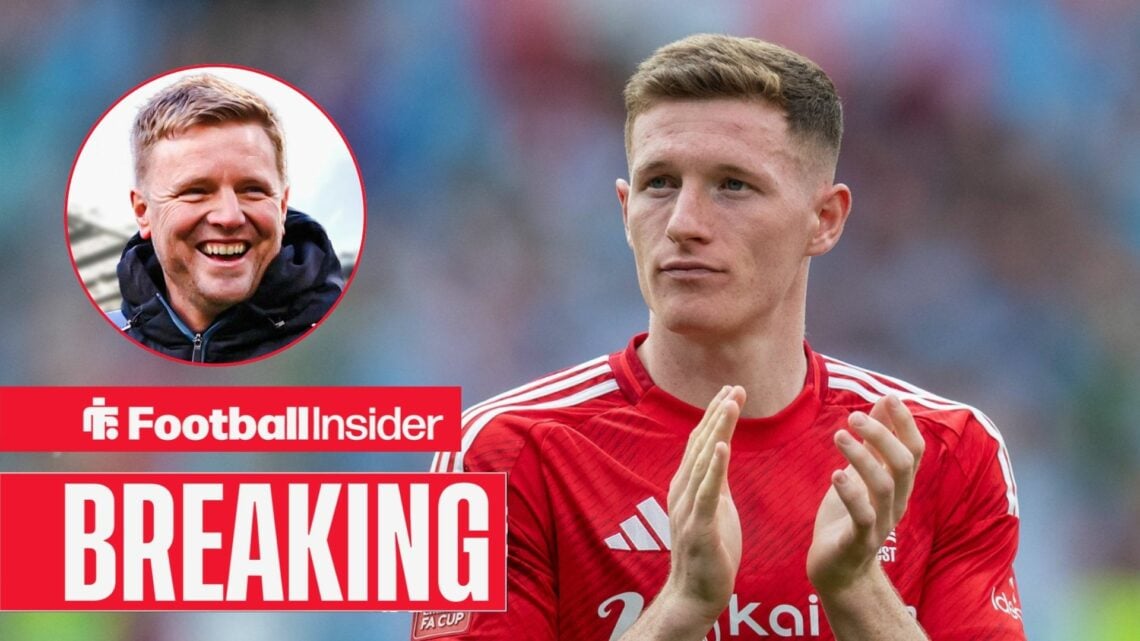 Elliot Anderson applauding Nottingham Forest fans, with Eddie Howe in a circular inset