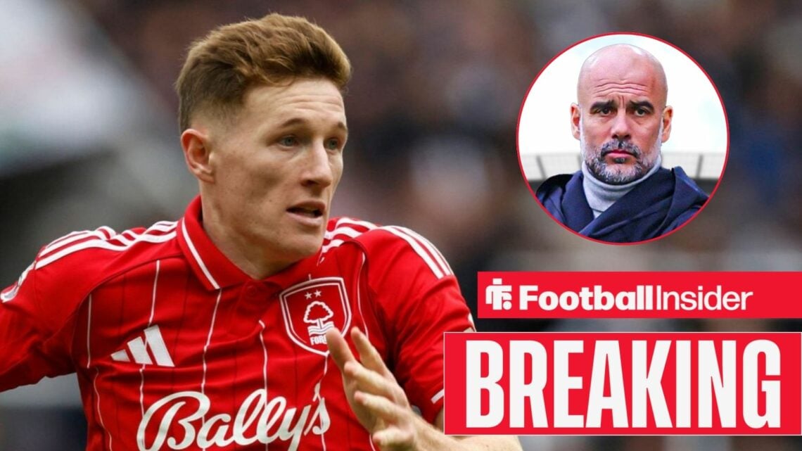 Nottingham Forest's Elliot Anderson in action with Man City manager Pep Guardiola right inset