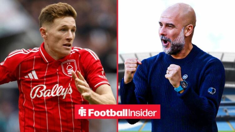 Elliot Anderson in a Nottingham Forest shirt alongside Pep Guardiola celebrating