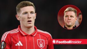 Elliot Anderson looking focused on the left with a stern Eddie Howe on the right for Newcastle