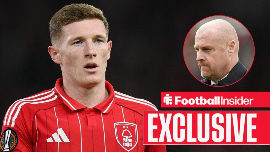 Elliot Anderson looking out of breath for Nottingham Forest on the left with Sean Dyche focused on the right