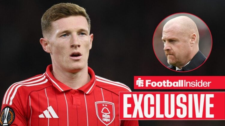 Elliot Anderson looking out of breath for Nottingham Forest on the left with Sean Dyche focused on the right