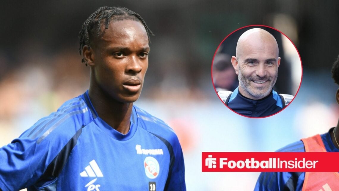 Emanuel Emegha in action for Strasbourg with Chelsea boss Enzo Maresca right inset