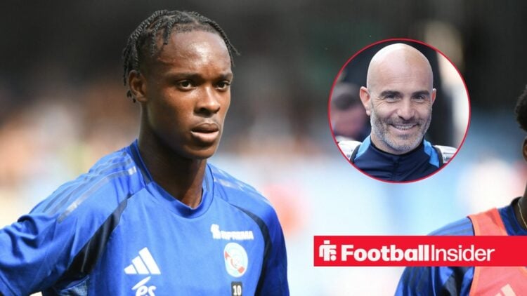 Emanuel Emegha in action for Strasbourg with Chelsea boss Enzo Maresca right inset