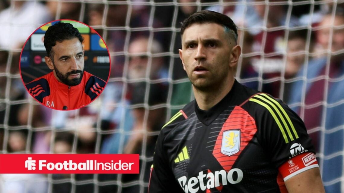 Emiliano Martinez in goal for Aston Villa, with Ruben Amorim in a circular inset