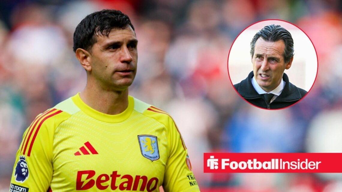 Emiliano Martinez in action for Aston Villa, with Unai Emery in a circular inset