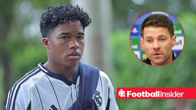 Endrick on the left looking concerned with a focused Xabi Alonso on the right for Real Madrid