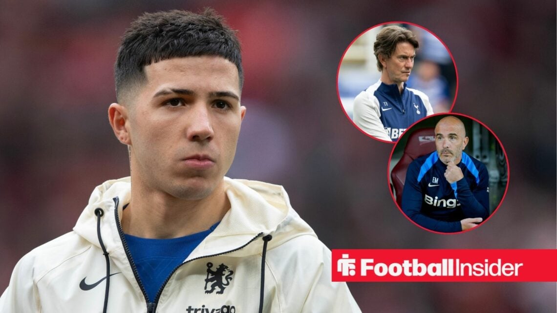 Enzo Fernandez in a Chelsea kit, Thomas Frank and Enzo Maresca in circular insets