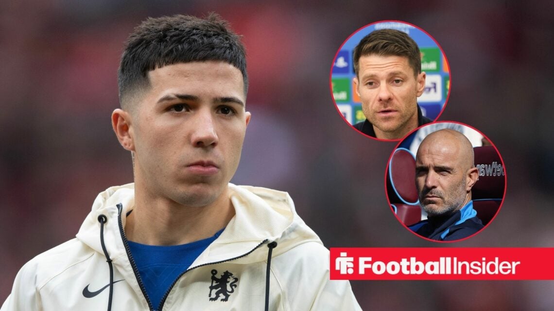 Enzo Fernandez looking concerned on the left with Xabi Alonso and Enzo Maresca focused on the right