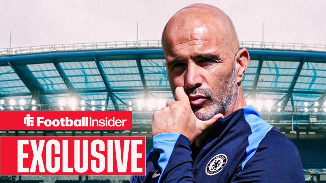 Chelsea manager Enzo Maresca against a back drop of Stamford Bridge.